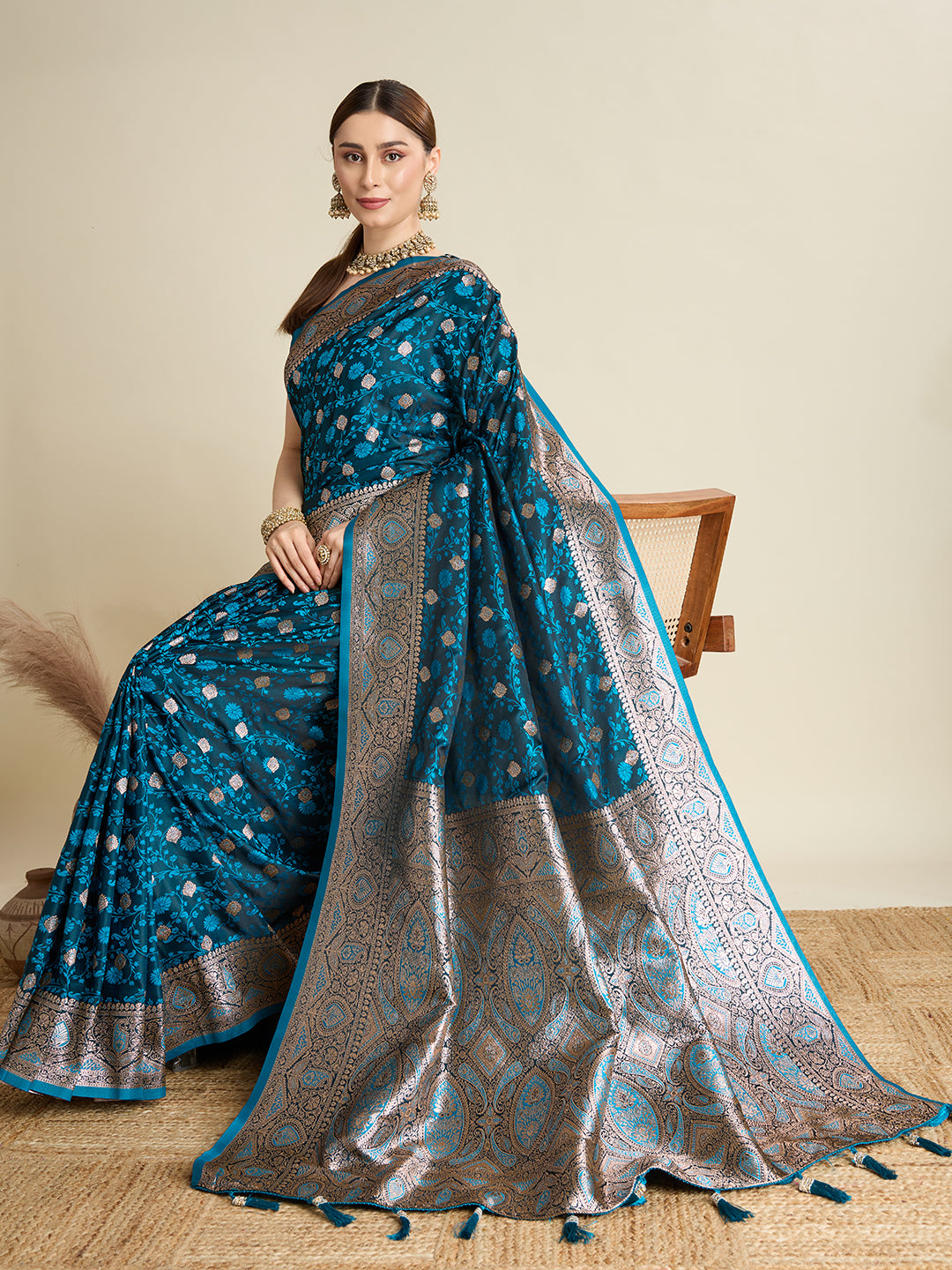 Premium Two-Tone Satin Soft Silk Saree with Unique Paithani Meenakari Weave
