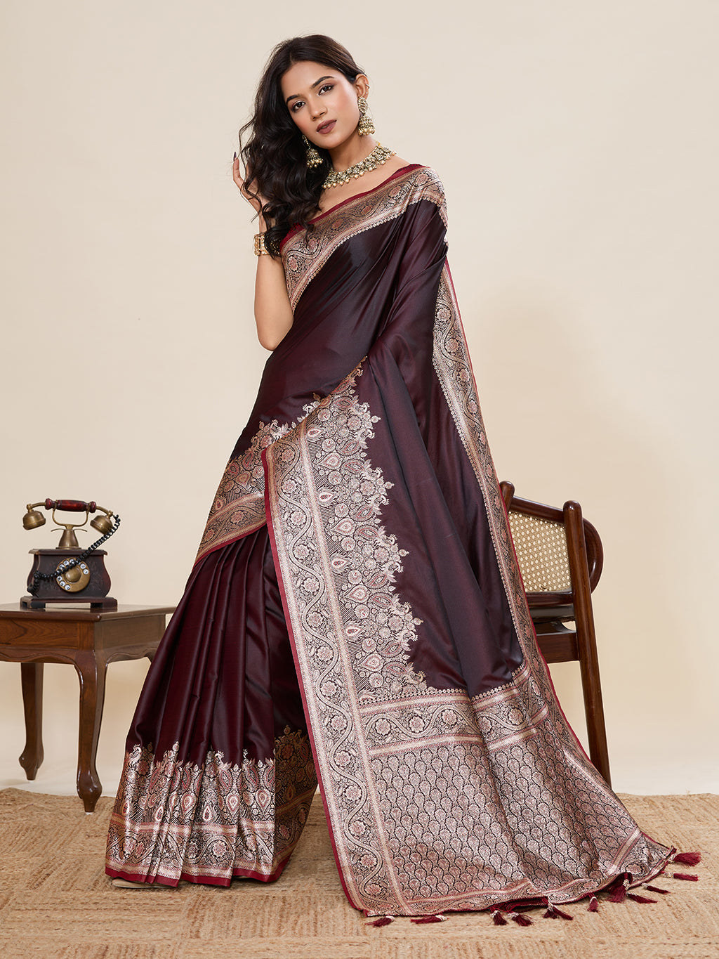 Pure Satin Silk Banarasi Saree with Minakari Rich Pallu & Gala Border