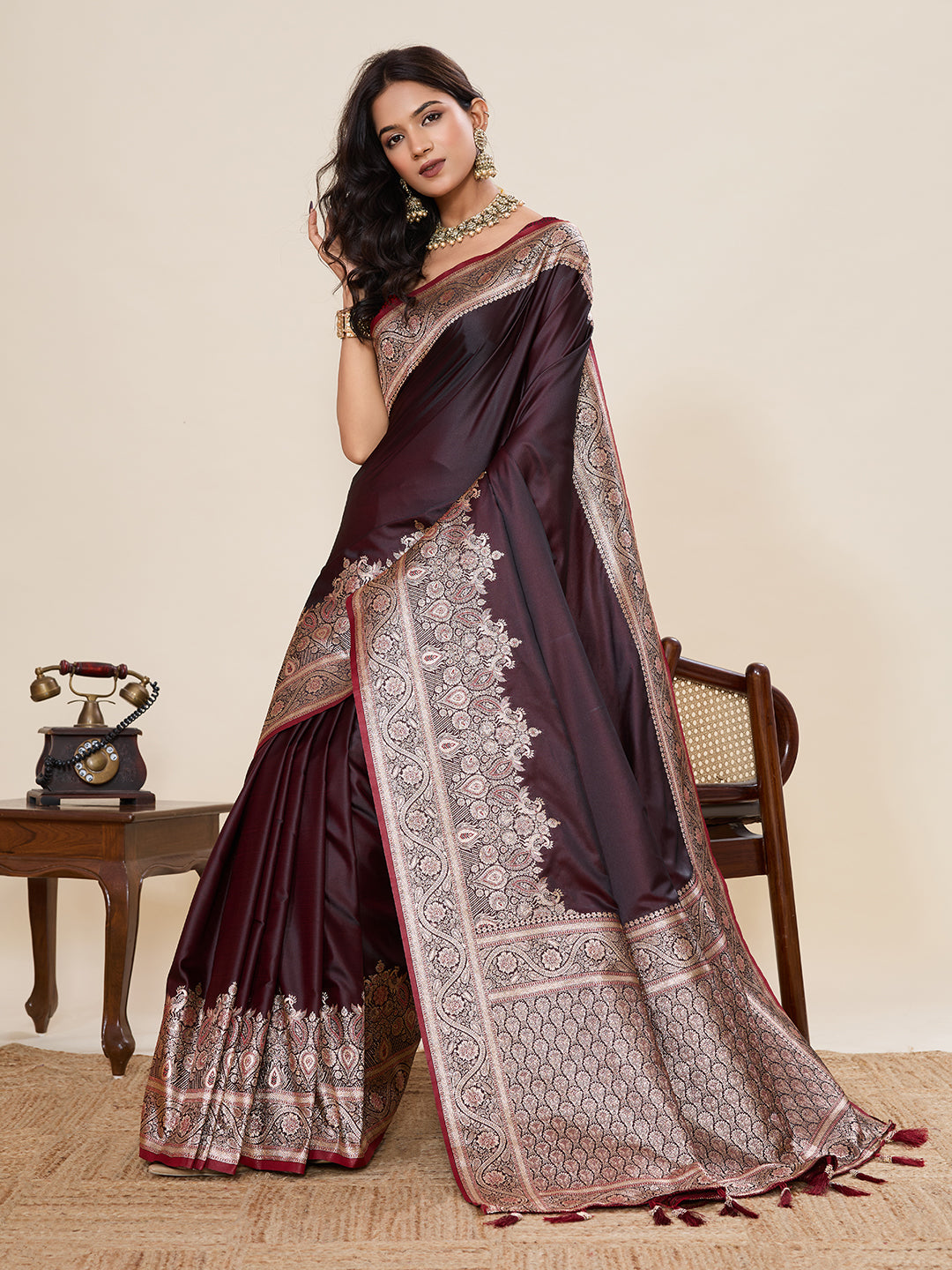 Pure Satin Silk Banarasi Saree with Minakari Rich Pallu & Gala Border