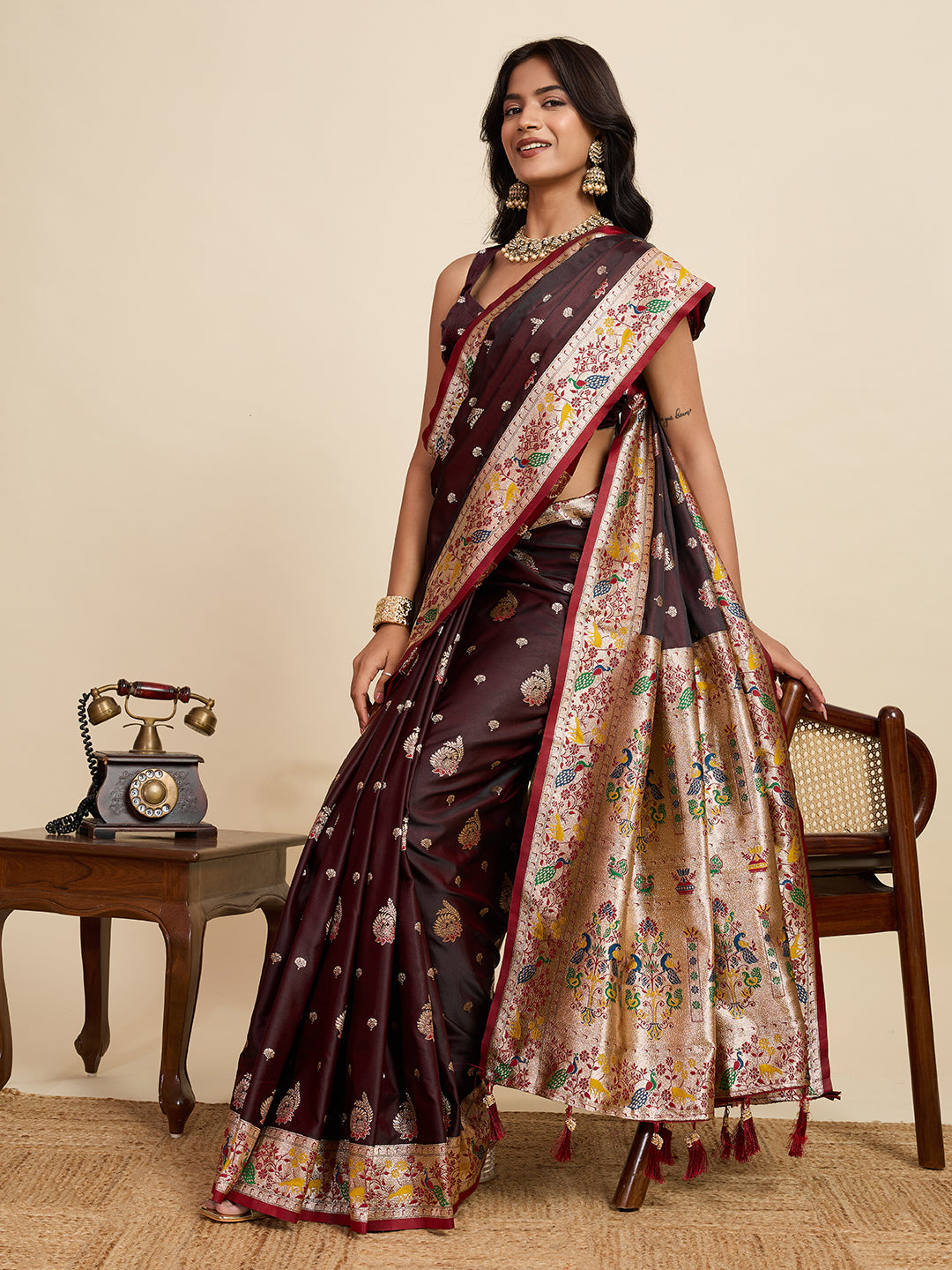 Premium Two-Tone Satin Soft Silk Saree with Unique Paithani Meenakari Weave