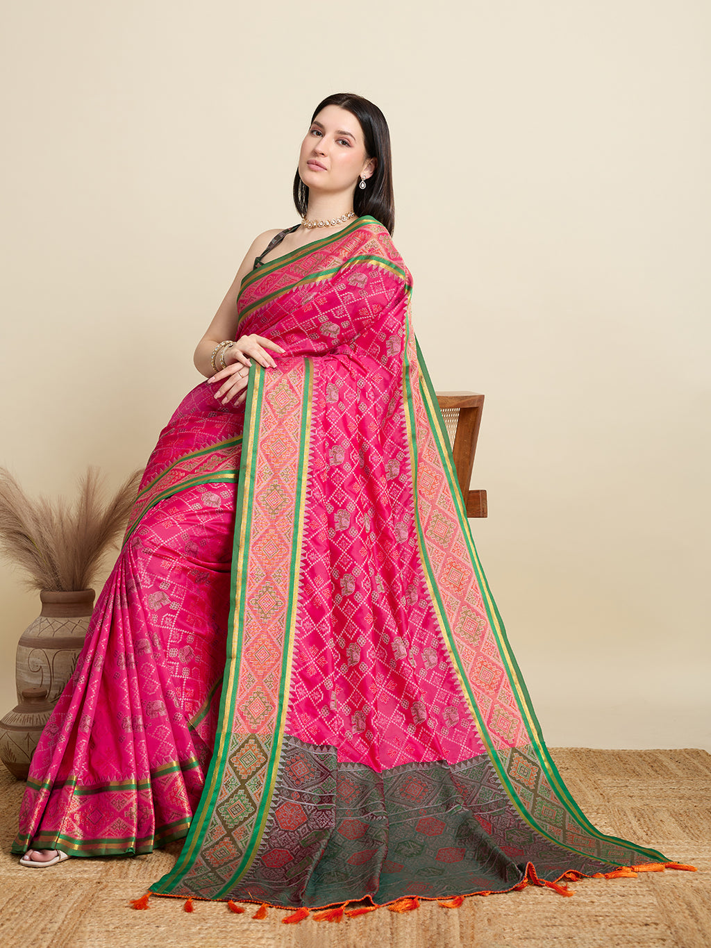 Pure Patola Silk Banarasi Saree | Contrast Meenakari Weaving & Rich Pallu with Tassels
