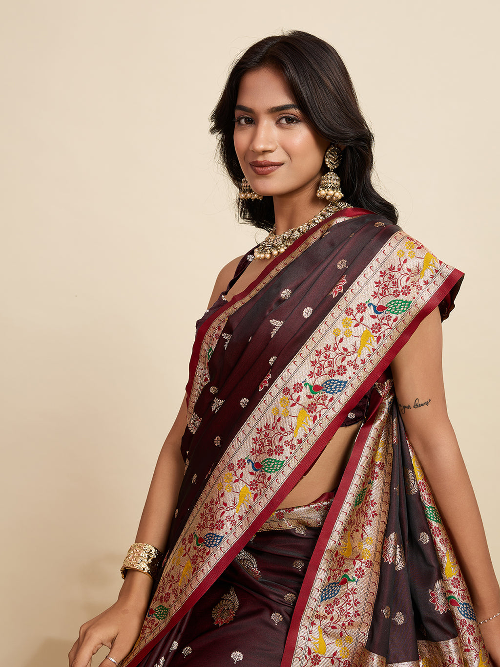 Premium Two-Tone Satin Soft Silk Saree with Unique Paithani Meenakari Weave