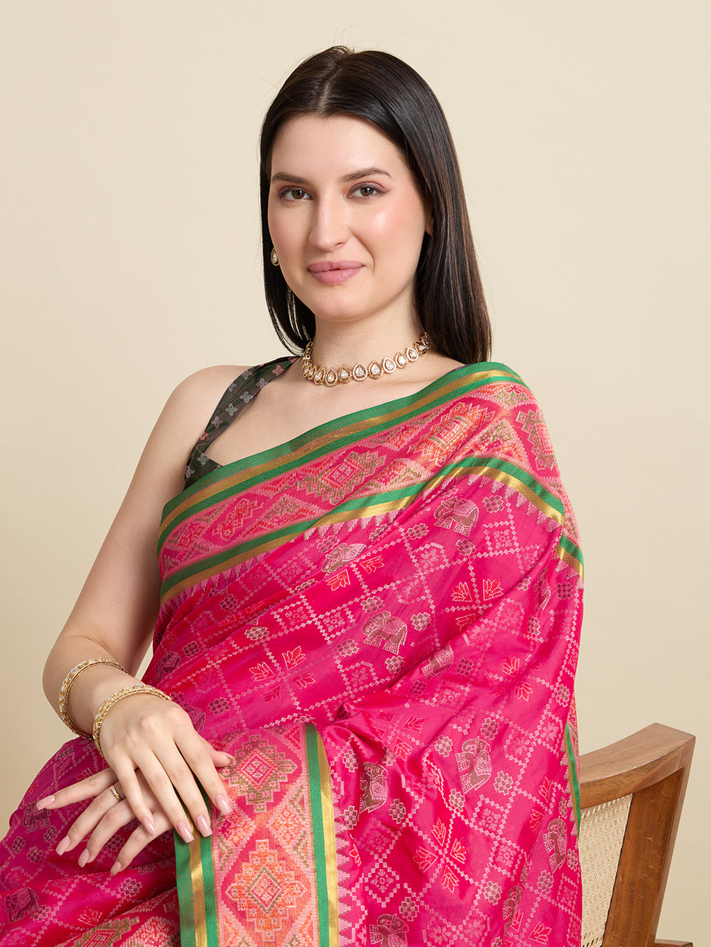 Pure Patola Silk Banarasi Saree | Contrast Meenakari Weaving & Rich Pallu with Tassels