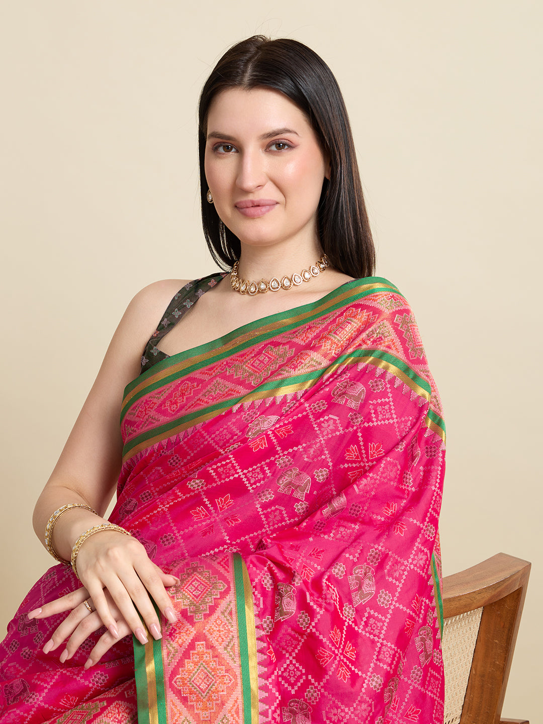 Pure Patola Silk Banarasi Saree | Contrast Meenakari Weaving & Rich Pallu with Tassels