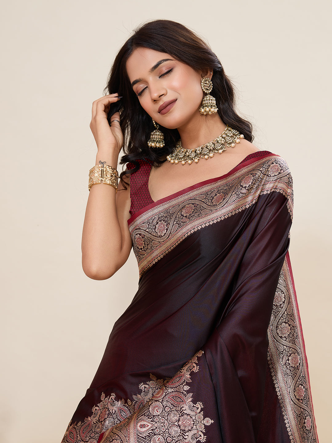 Pure Satin Silk Banarasi Saree with Minakari Rich Pallu & Gala Border