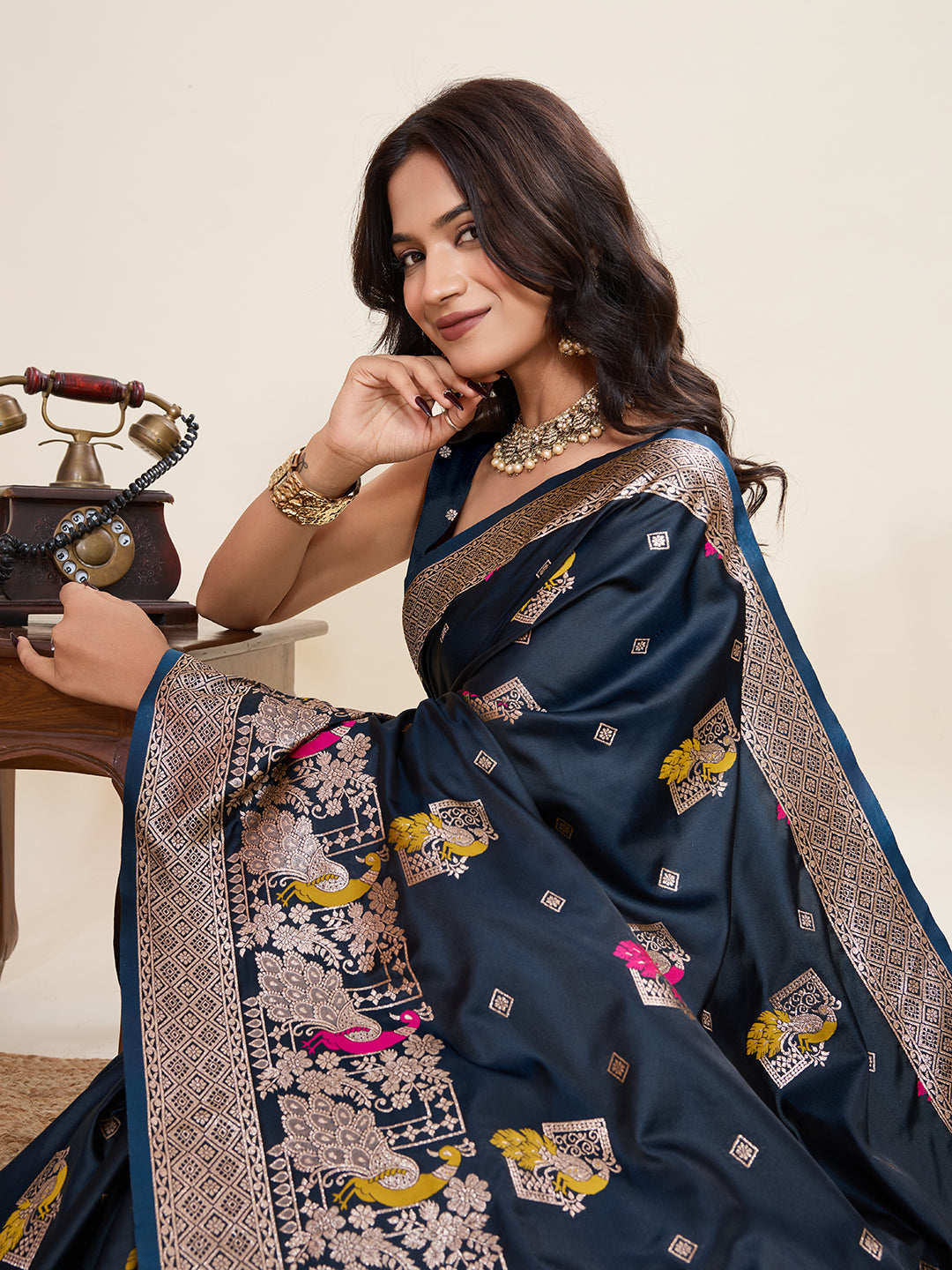 Premium Two-Tone Satin Soft Silk Saree with Unique Paithani Meenakari Weave