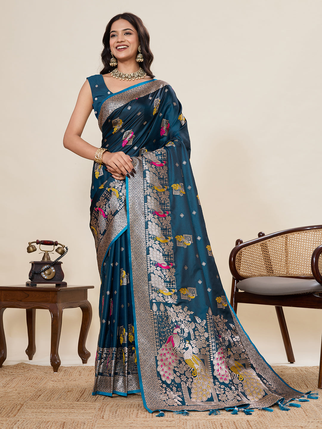 Premium Two-Tone Satin Soft Silk Saree with Unique Paithani Meenakari Weave