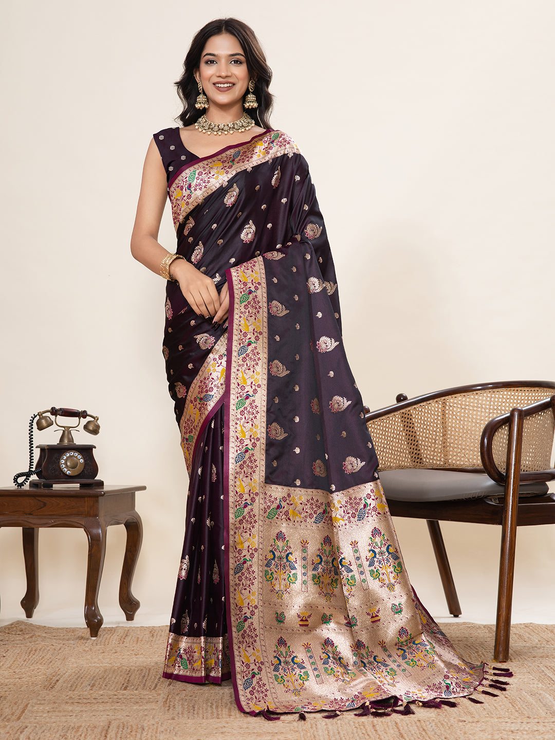 Premium Two-Tone Satin Soft Silk Saree with Unique Paithani Meenakari Weave