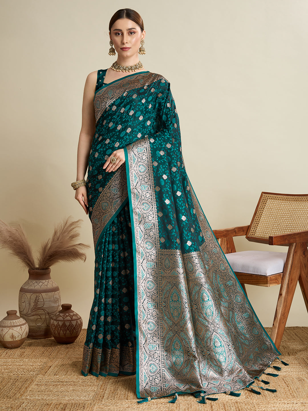 Premium Two-Tone Satin Soft Silk Saree with Unique Paithani Meenakari Weave