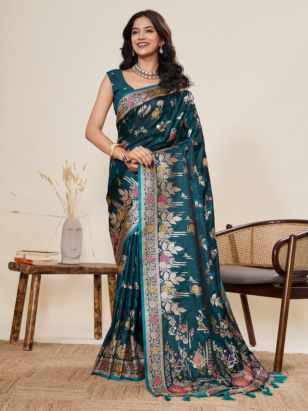 Premium Two-Tone Satin Soft Silk Saree with Unique Paithani Meenakari Weave