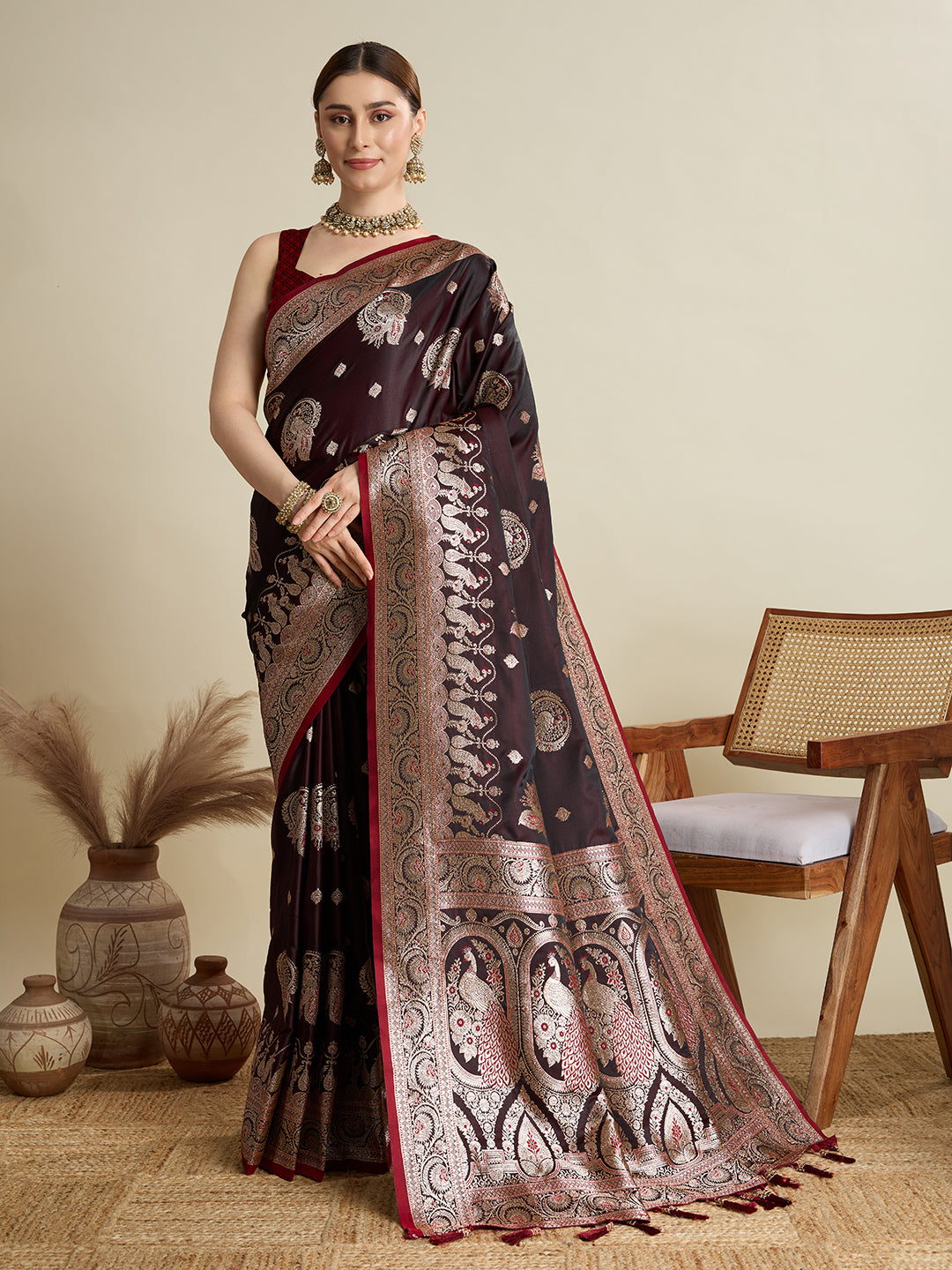Premium Two-Tone Soft Silk Saree | Satin Fabric with Rich Zari Woven Pallu & Designer Blouse