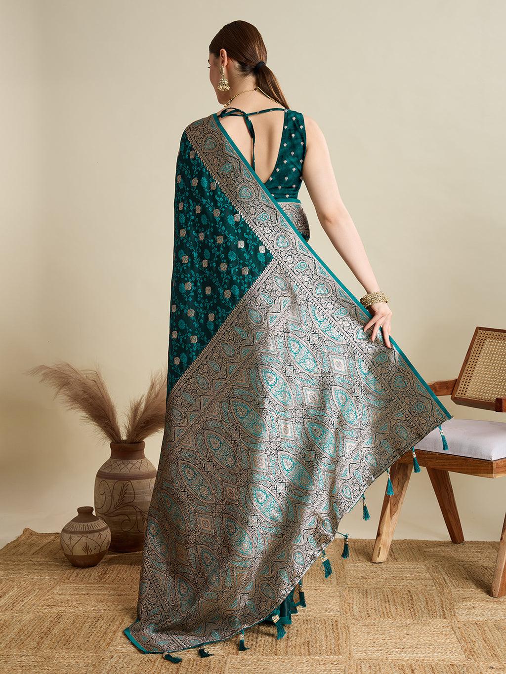 Premium Two-Tone Satin Soft Silk Saree with Unique Paithani Meenakari Weave