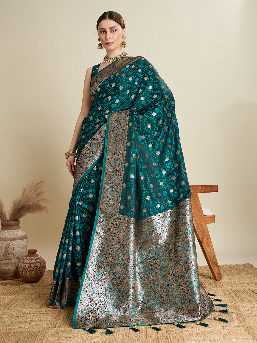 Premium Two-Tone Satin Soft Silk Saree with Unique Paithani Meenakari Weave