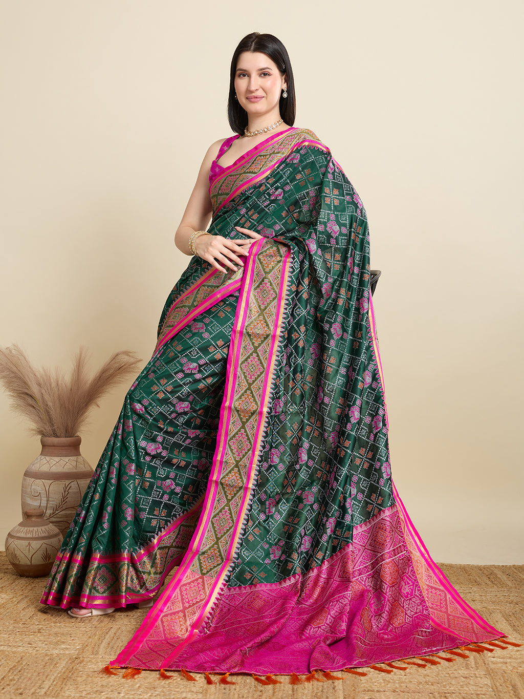 Pure Patola Silk Banarasi Saree | Contrast Meenakari Weaving & Rich Pallu with Tassels