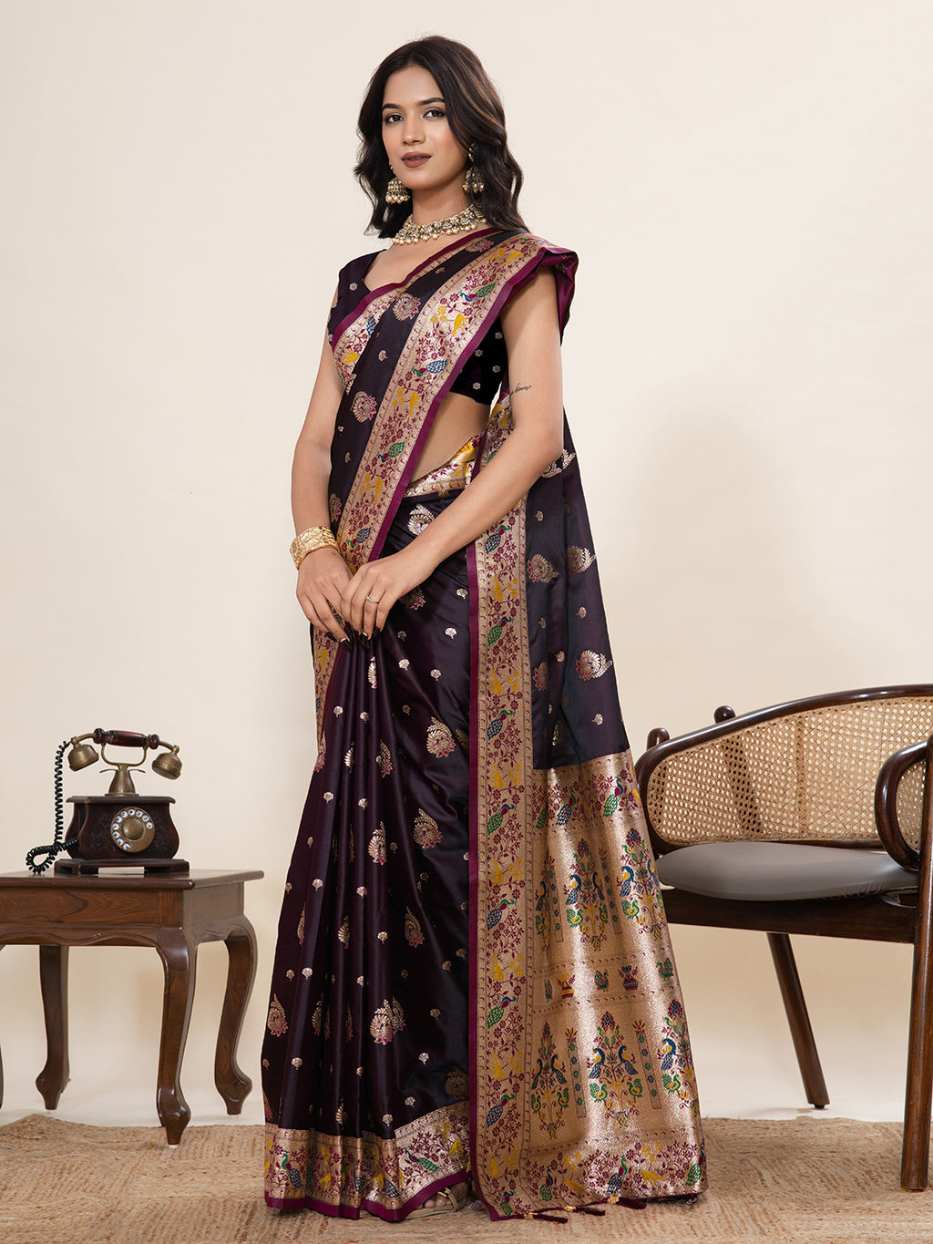 Premium Two-Tone Satin Soft Silk Saree with Unique Paithani Meenakari Weave