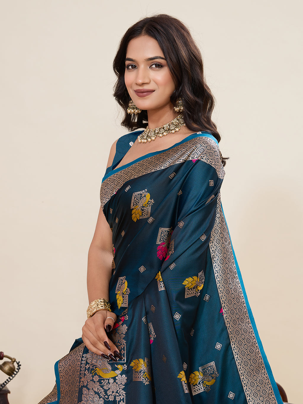 Premium Two-Tone Satin Soft Silk Saree with Unique Paithani Meenakari Weave