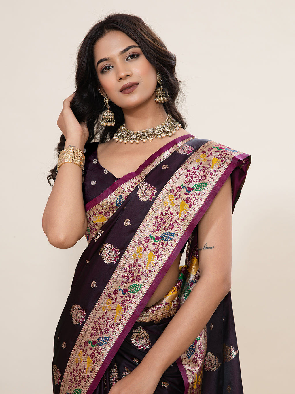 Premium Two-Tone Satin Soft Silk Saree with Unique Paithani Meenakari Weave