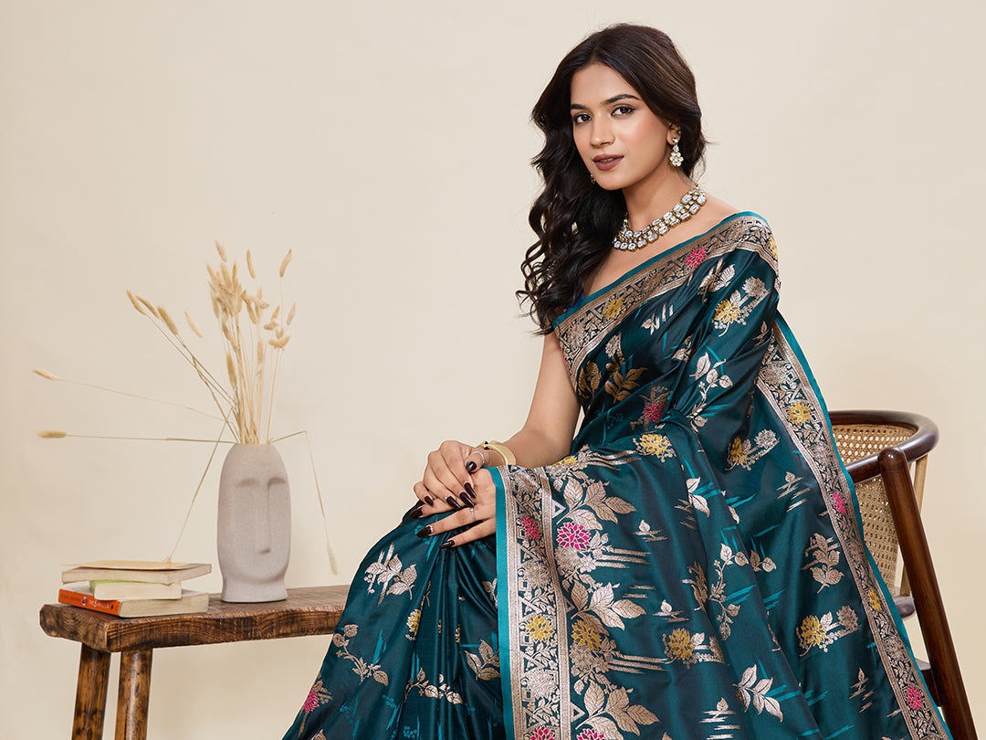 Premium Two-Tone Satin Soft Silk Saree with Unique Paithani Meenakari Weave