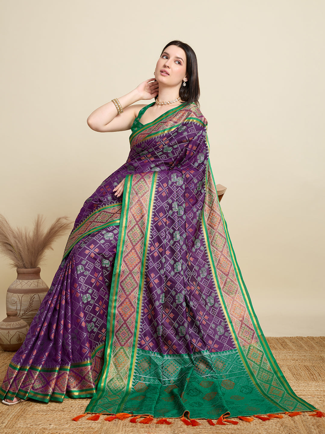 Pure Patola Silk Banarasi Saree | Contrast Meenakari Weaving & Rich Pallu with Tassels