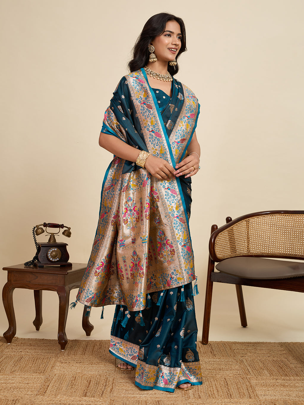 Premium Two-Tone Satin Soft Silk Saree with Unique Paithani Meenakari Weave