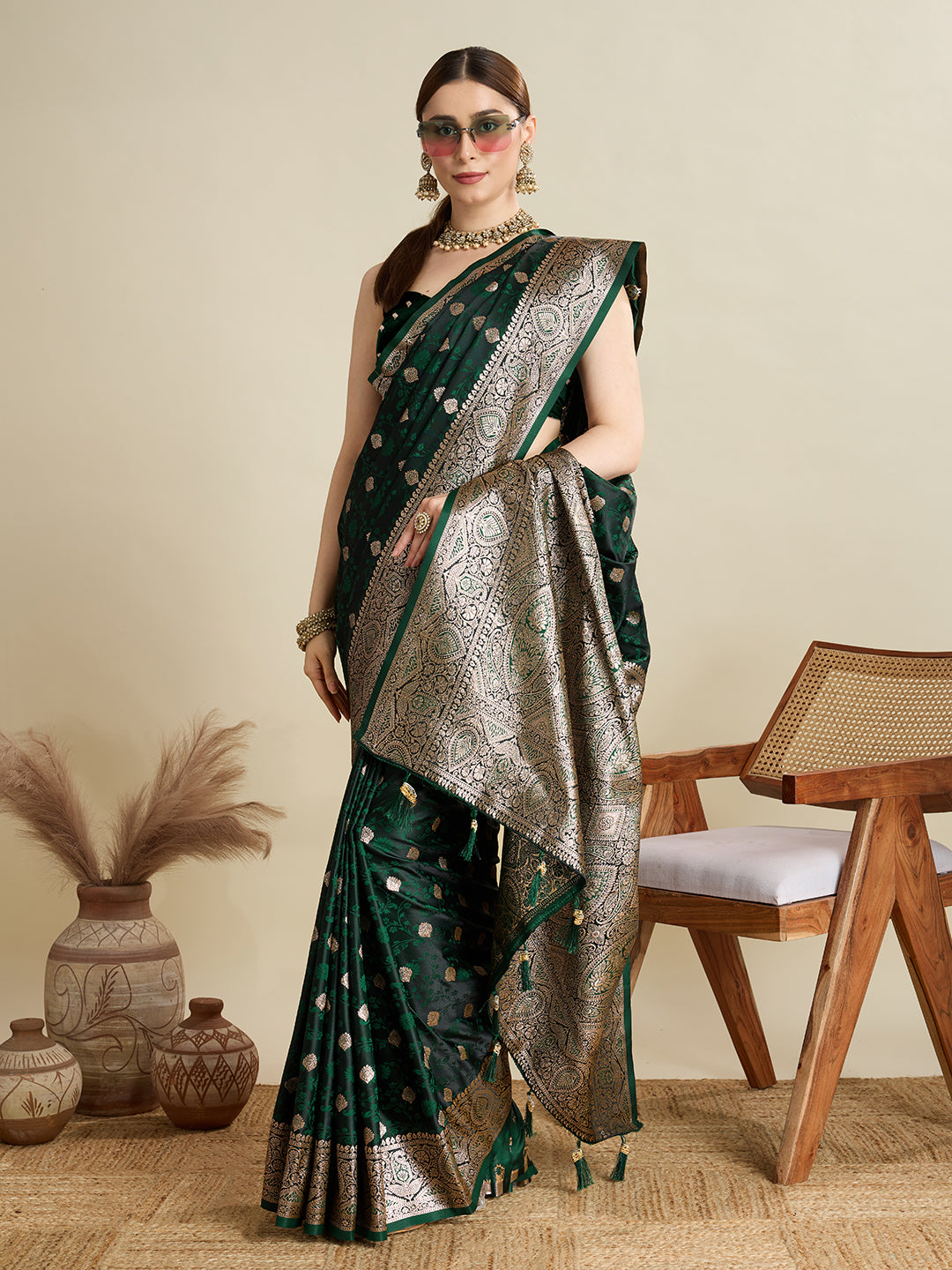Premium Two-Tone Satin Soft Silk Saree with Unique Paithani Meenakari Weave
