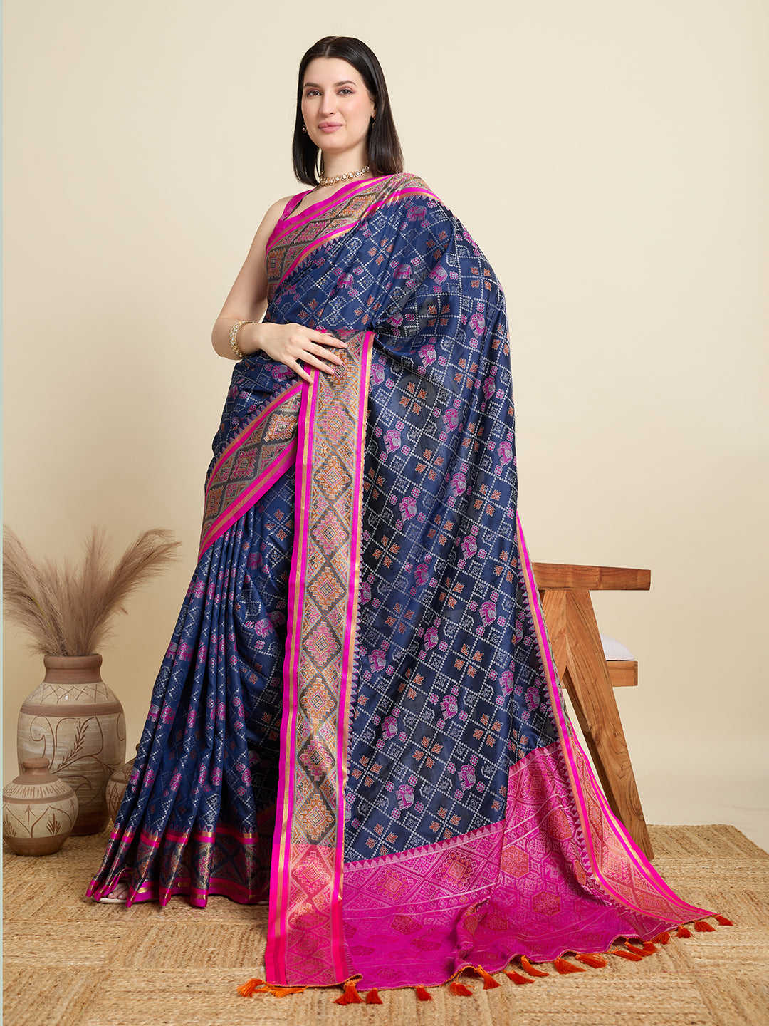 Pure Patola Silk Banarasi Saree | Contrast Meenakari Weaving & Rich Pallu with Tassels