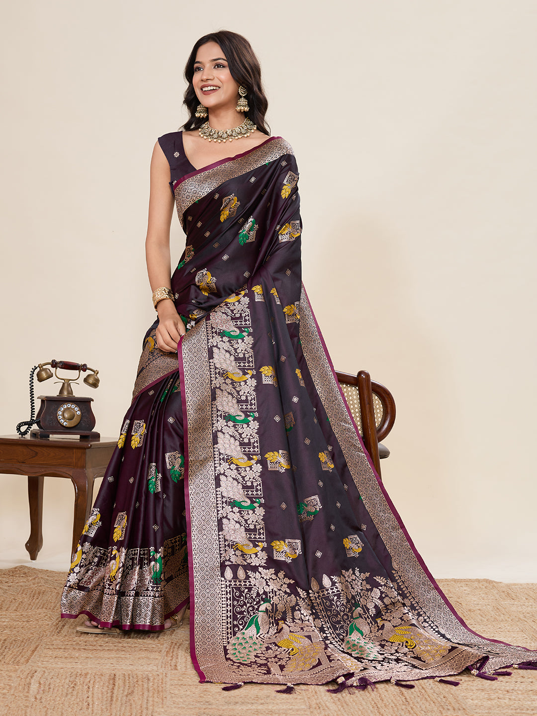 Premium Two-Tone Satin Soft Silk Saree with Unique Paithani Meenakari Weave