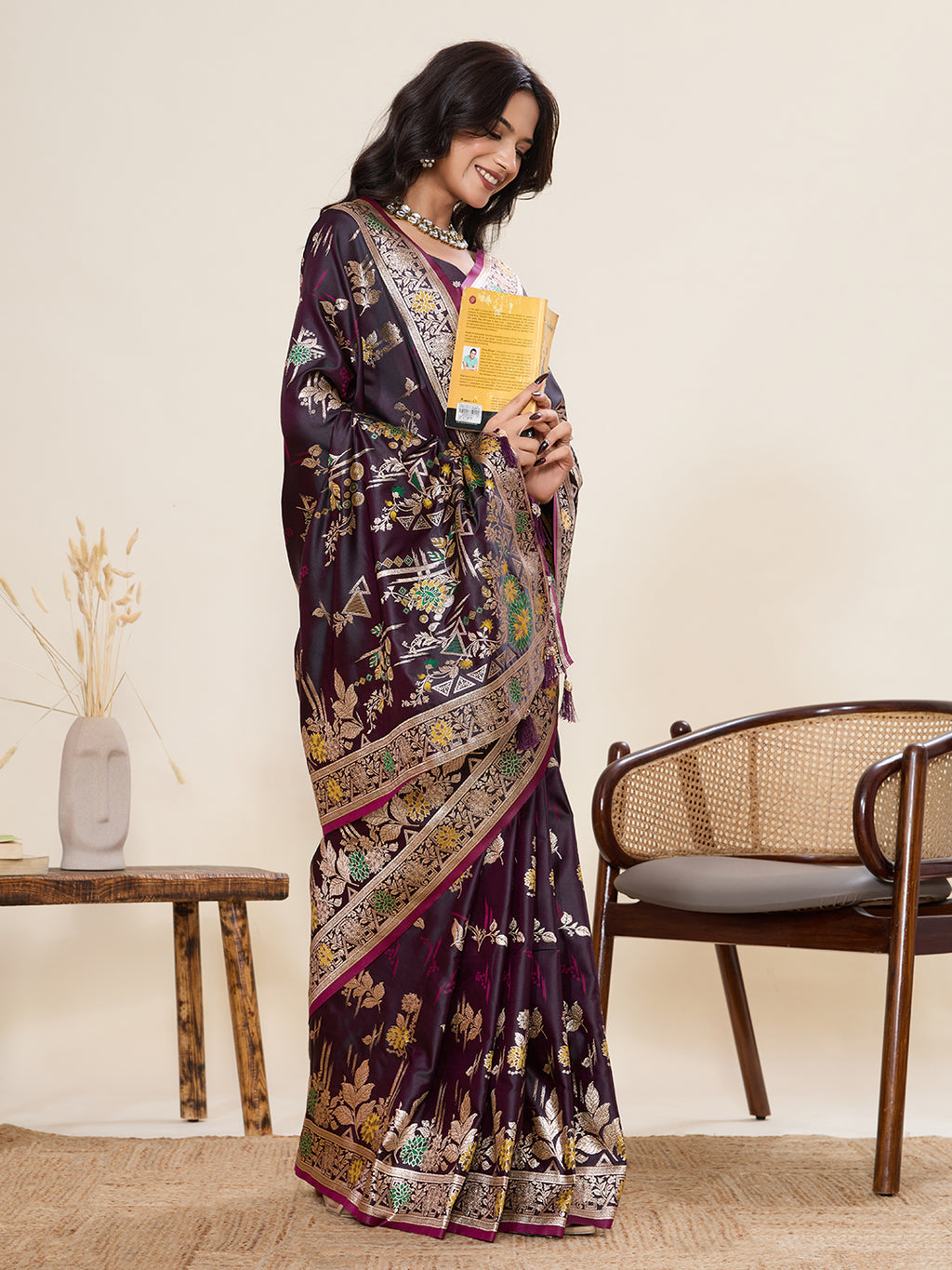 Premium Two-Tone Satin Soft Silk Saree with Unique Paithani Meenakari Weave