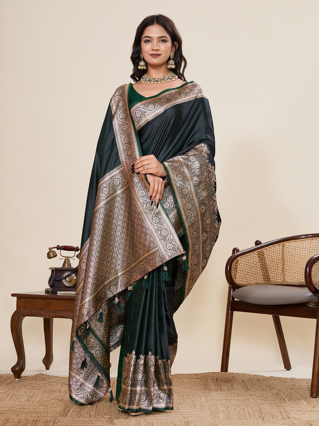 Pure Satin Silk Banarasi Saree with Minakari Rich Pallu & Gala Border