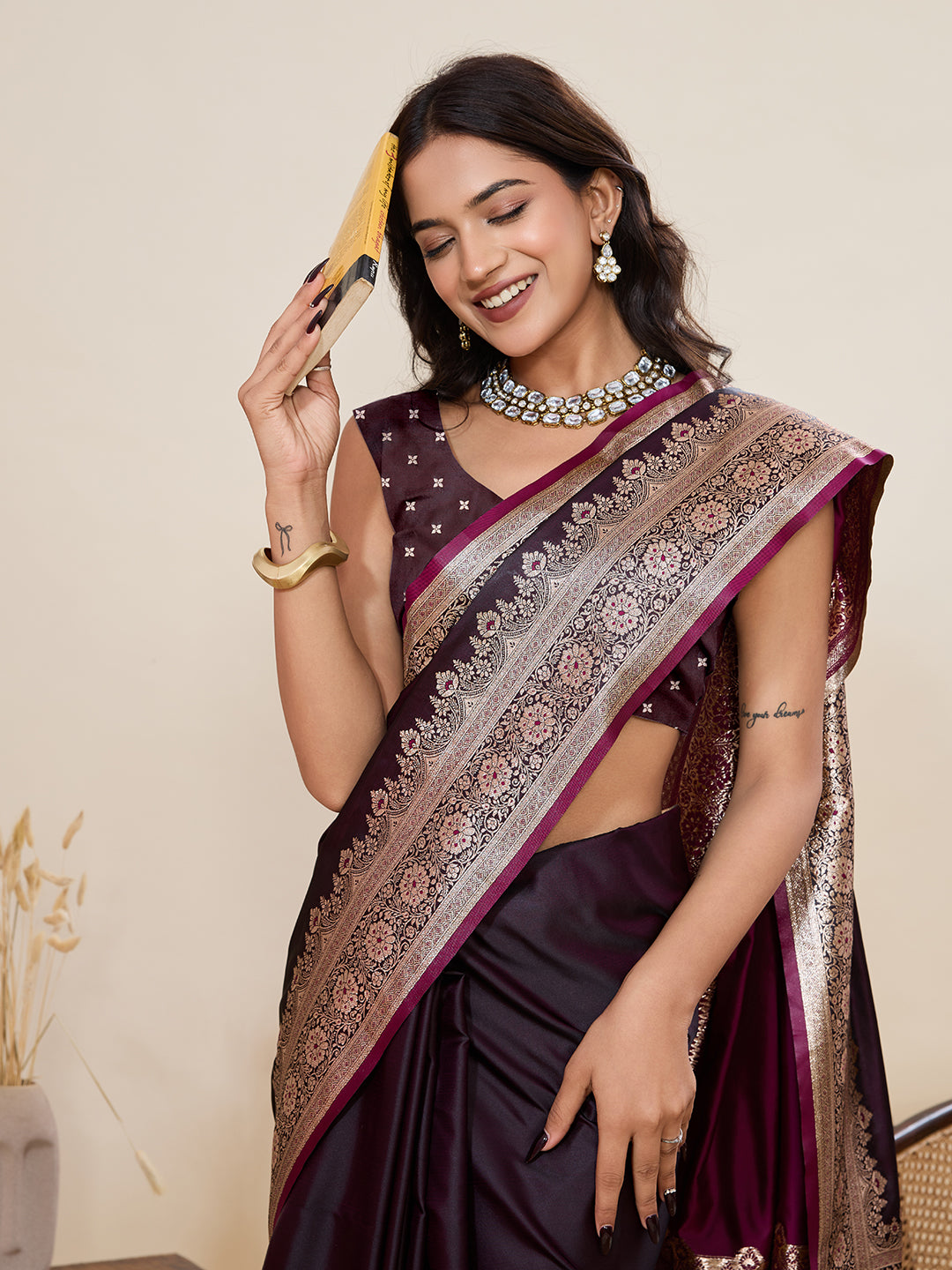 Pure Satin Silk Banarasi Saree with Minakari Rich Pallu & Gala Border