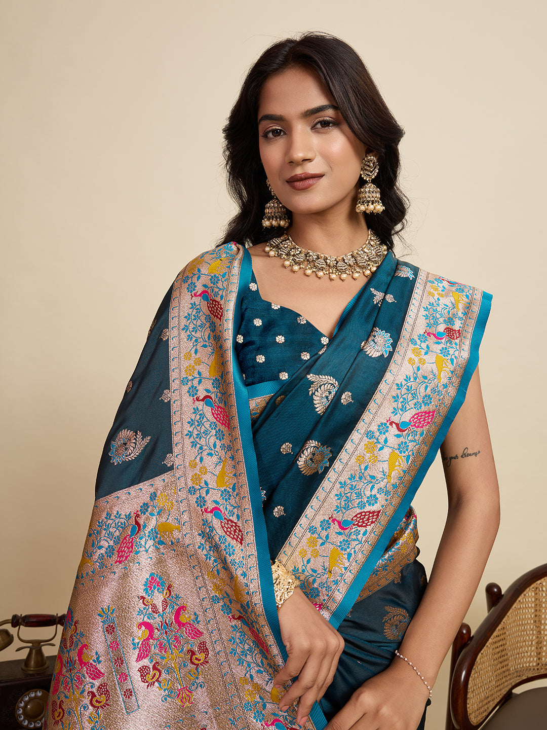 Premium Two-Tone Satin Soft Silk Saree with Unique Paithani Meenakari Weave