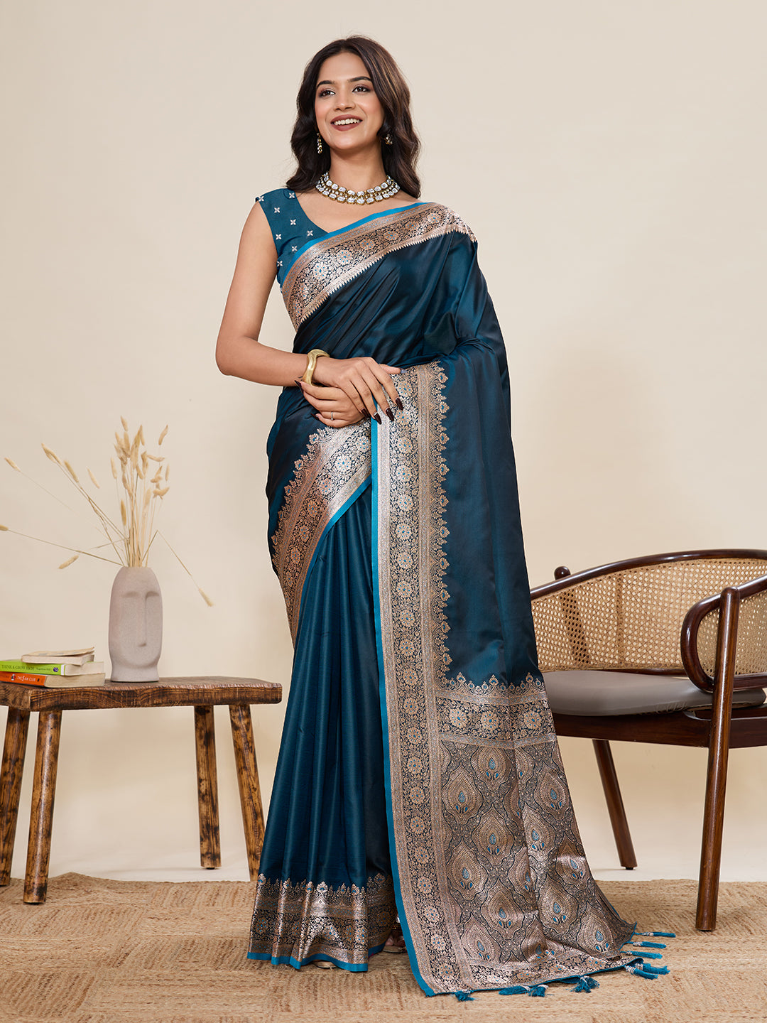 Pure Satin Silk Banarasi Saree with Minakari Rich Pallu & Gala Border