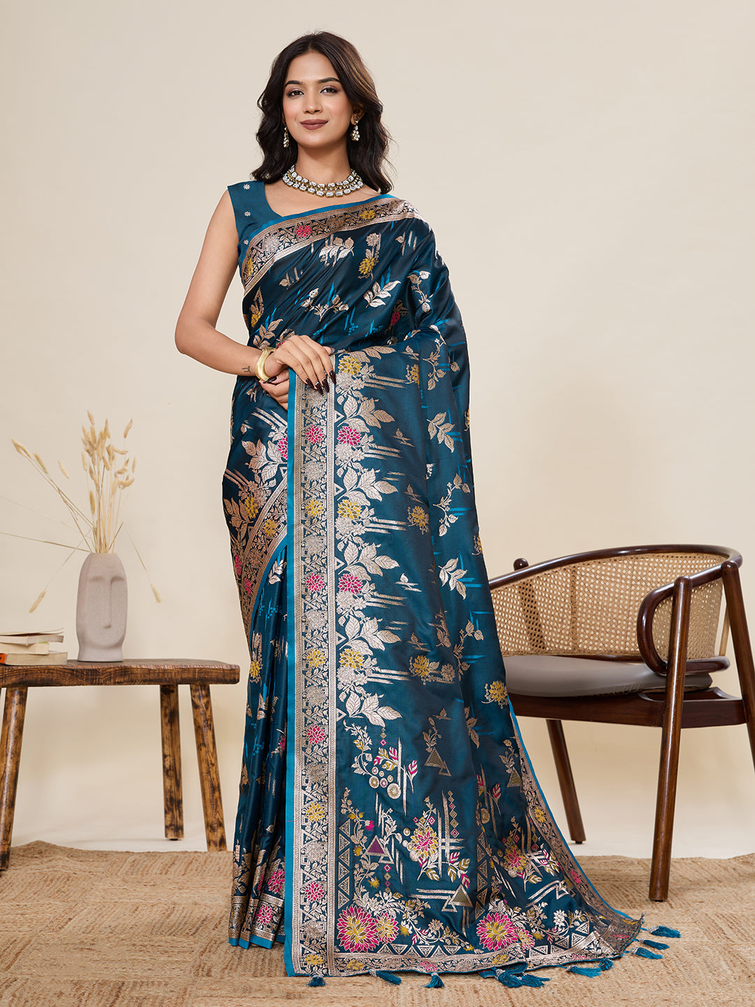 Premium Two-Tone Satin Soft Silk Saree with Unique Paithani Meenakari Weave