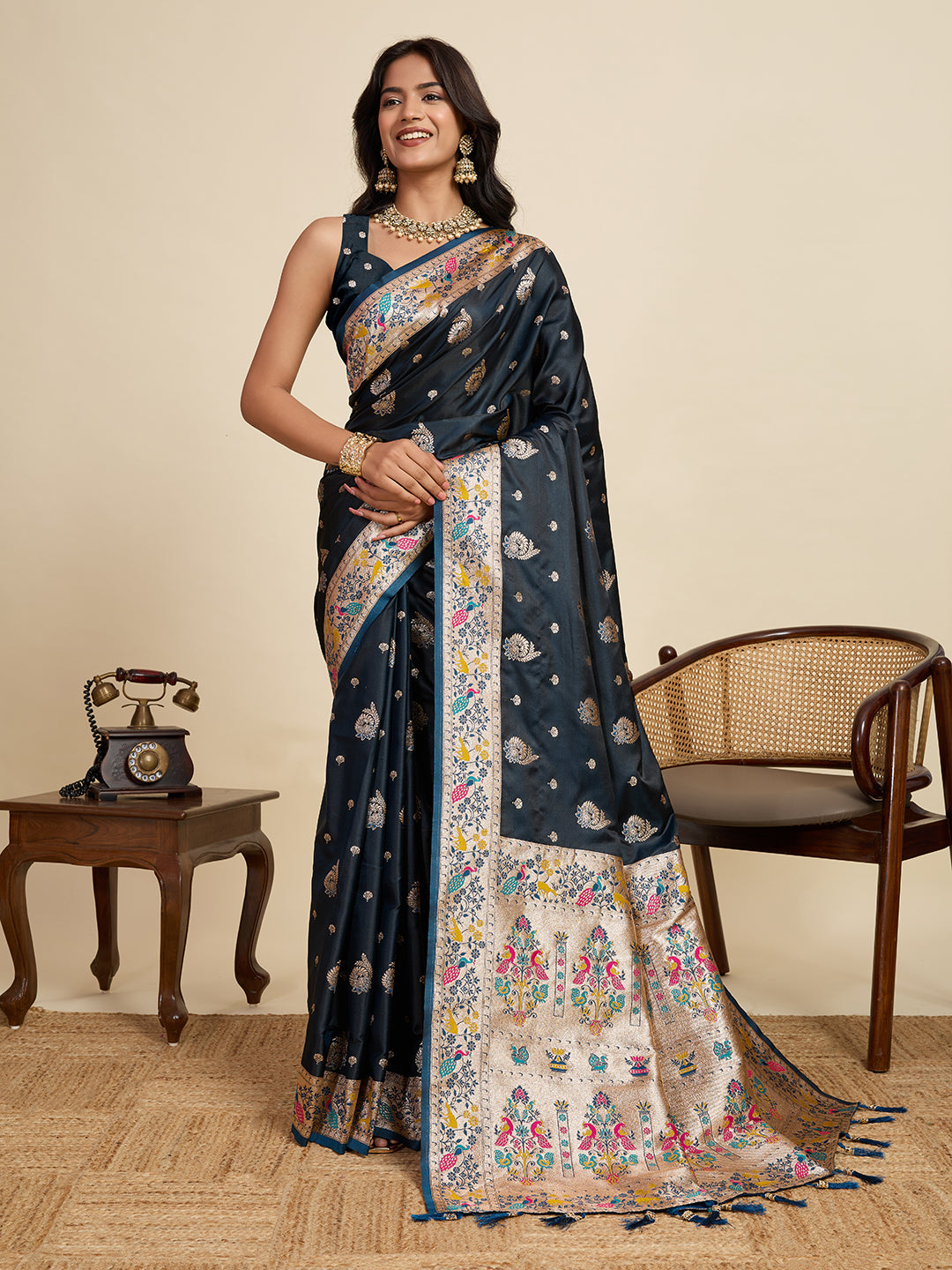 Premium Two-Tone Satin Soft Silk Saree with Unique Paithani Meenakari Weave