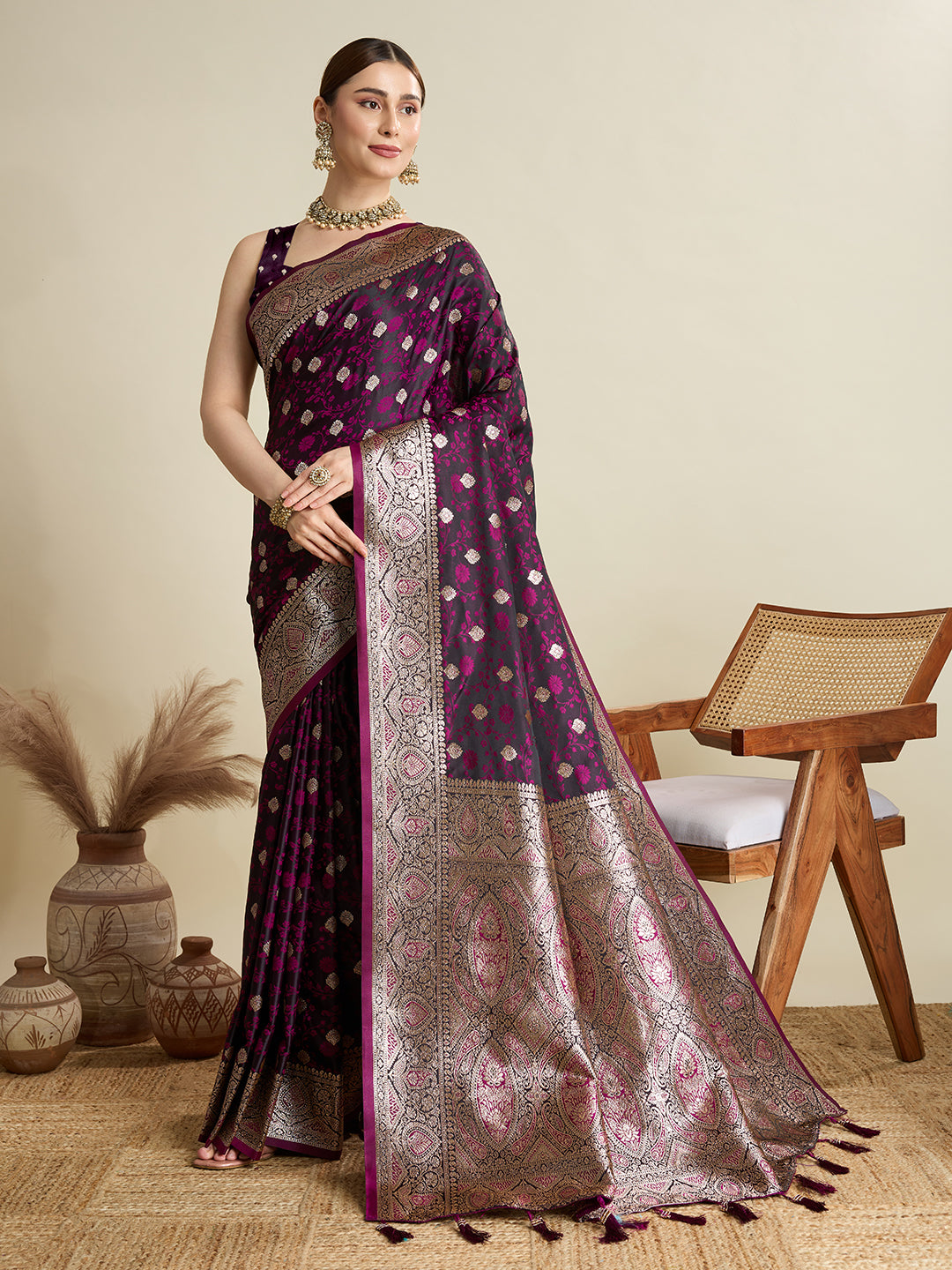 Premium Two-Tone Satin Soft Silk Saree with Unique Paithani Meenakari Weave