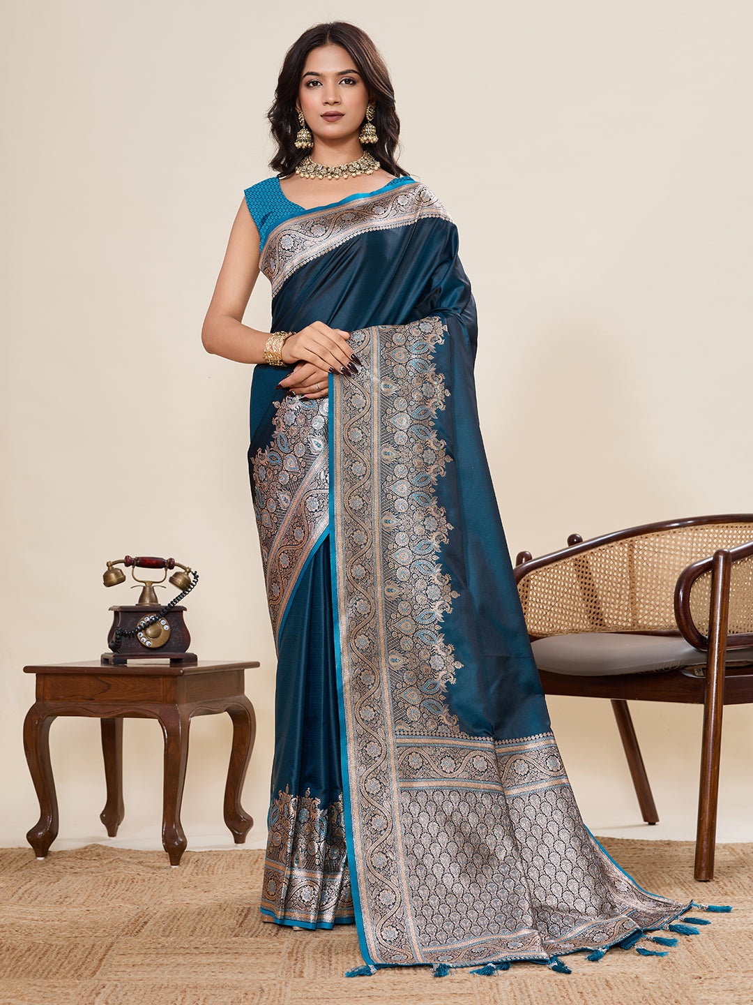 Pure Satin Silk Banarasi Saree with Minakari Rich Pallu & Gala Border