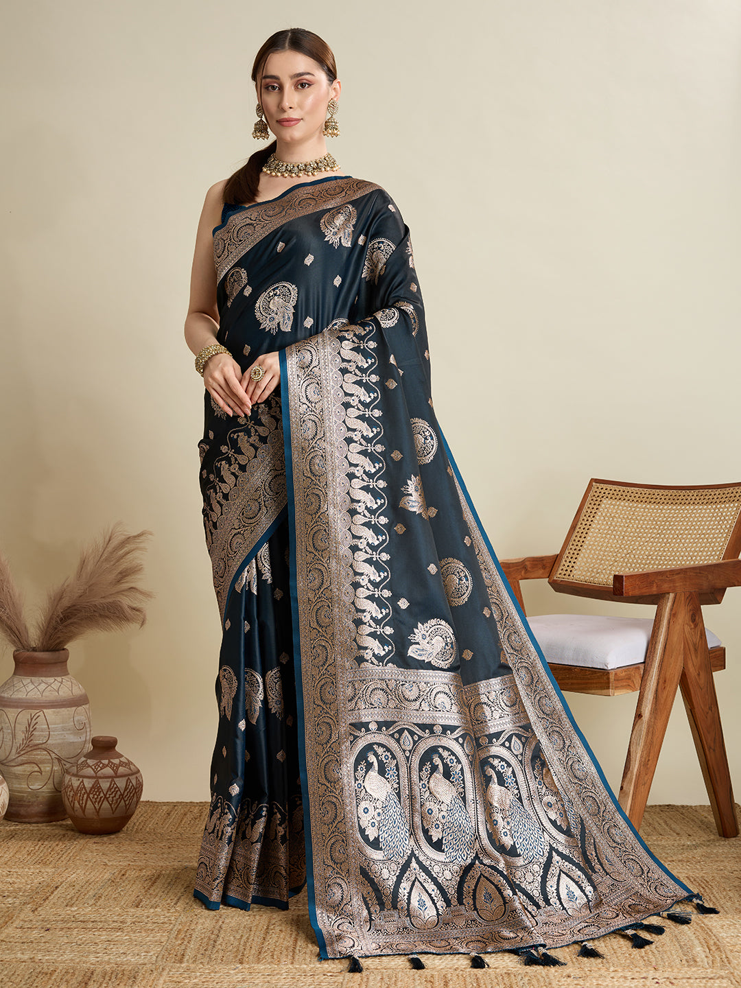 Premium Two-Tone Soft Silk Saree | Satin Fabric with Rich Zari Woven Pallu & Designer Blouse