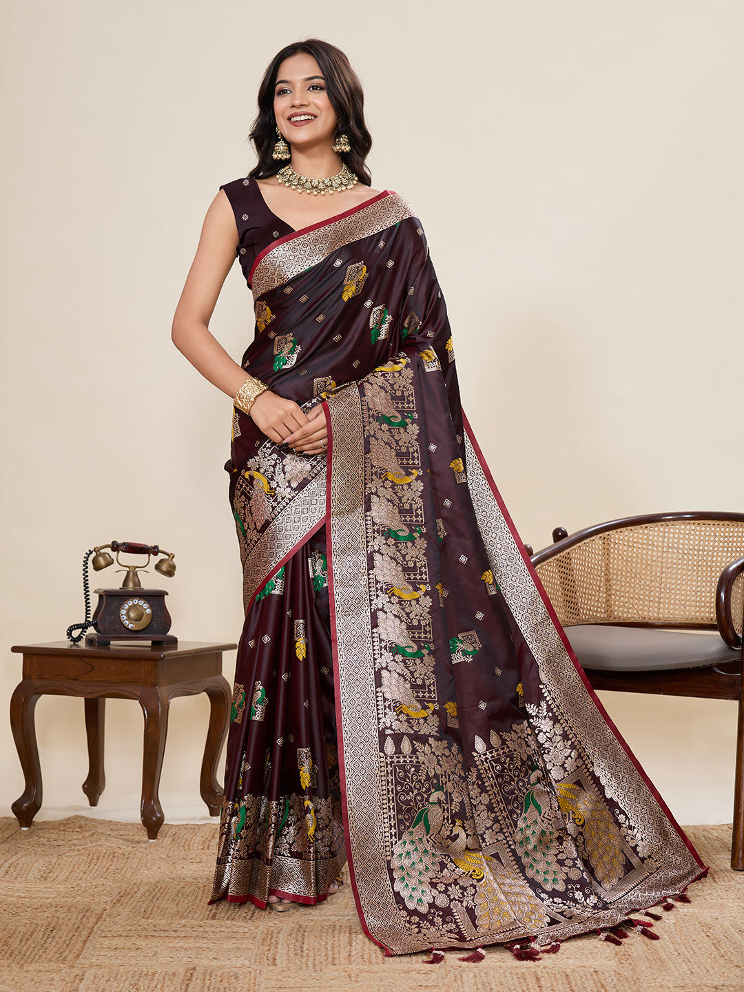 Premium Two-Tone Satin Soft Silk Saree with Unique Paithani Meenakari Weave