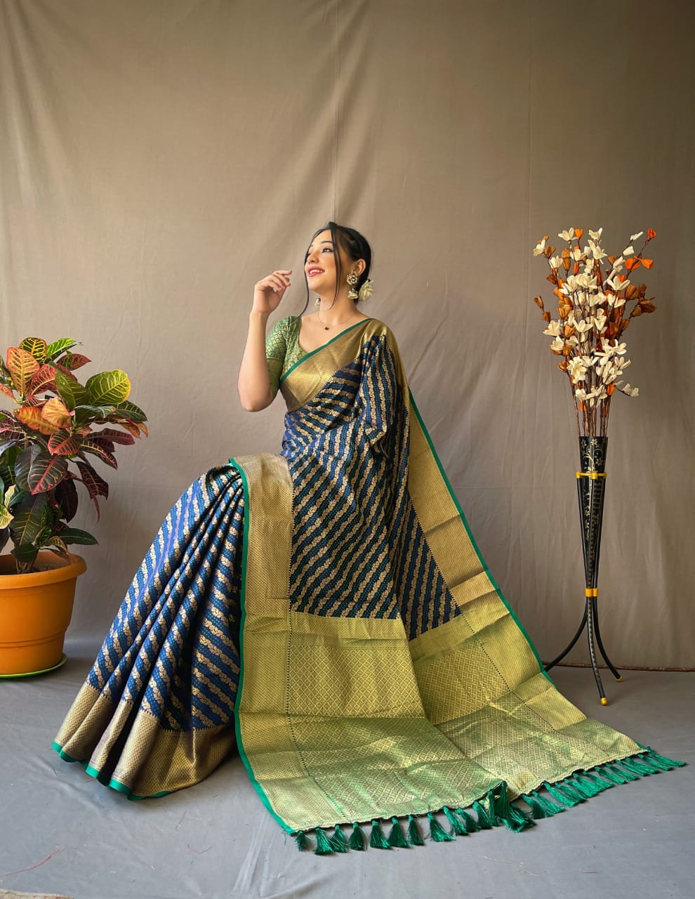 Pure Patola Silk Banarasi Saree with Contrast Meenakari Weave & Tassels