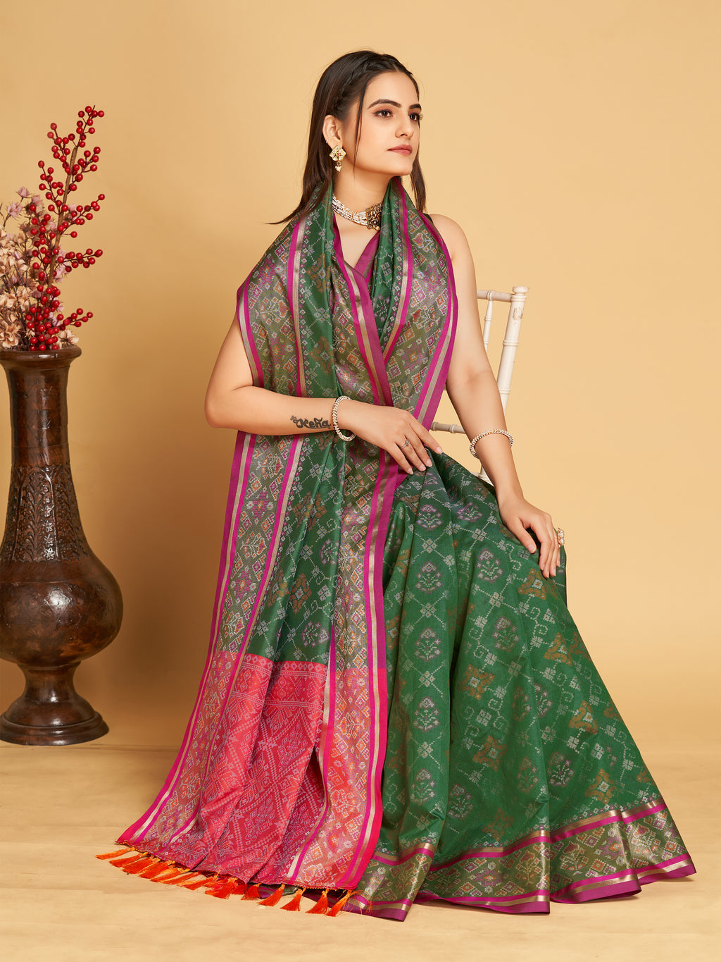 Pure Patola Silk Banarasi Saree | Contrast Meenakari Weaving & Rich Pallu with Tassels