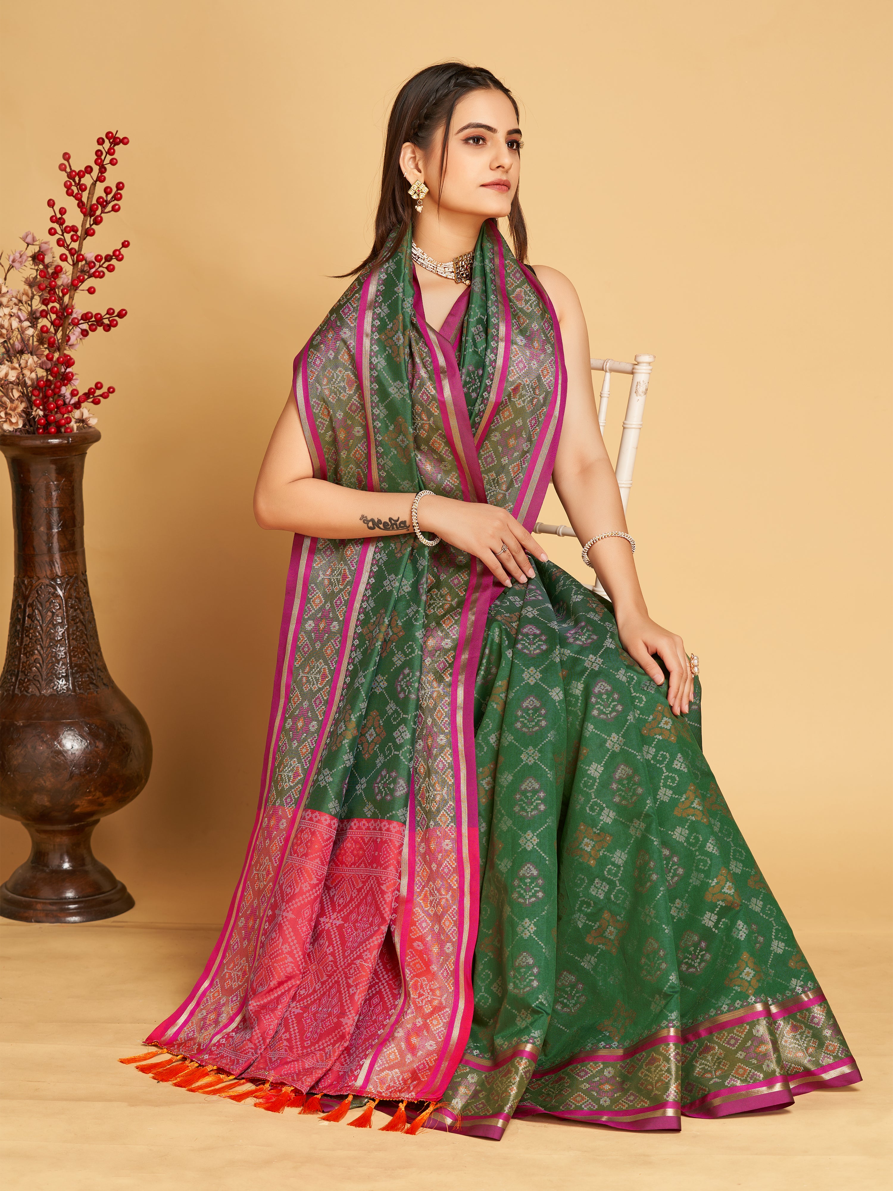 Pure Patola Silk Banarasi Saree | Contrast Meenakari Weaving & Rich Pallu with Tassels
