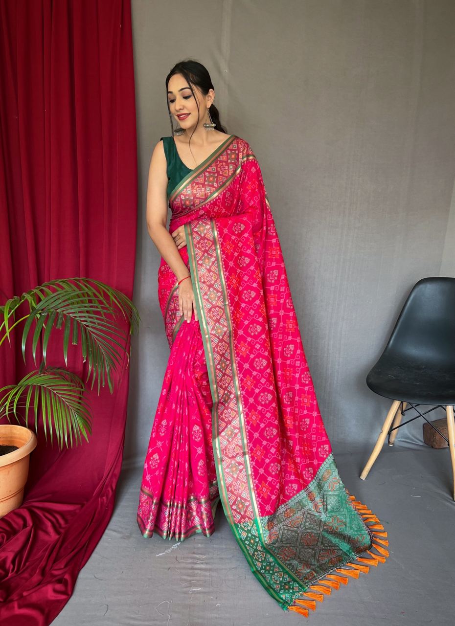 Pure Patola Silk Banarasi Saree | Contrast Meenakari Weaving & Rich Pallu with Tassels