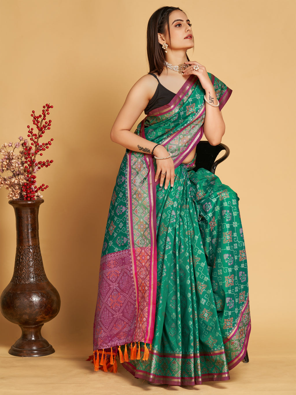 Pure Patola Silk Banarasi Saree | Contrast Meenakari Weaving & Rich Pallu with Tassels