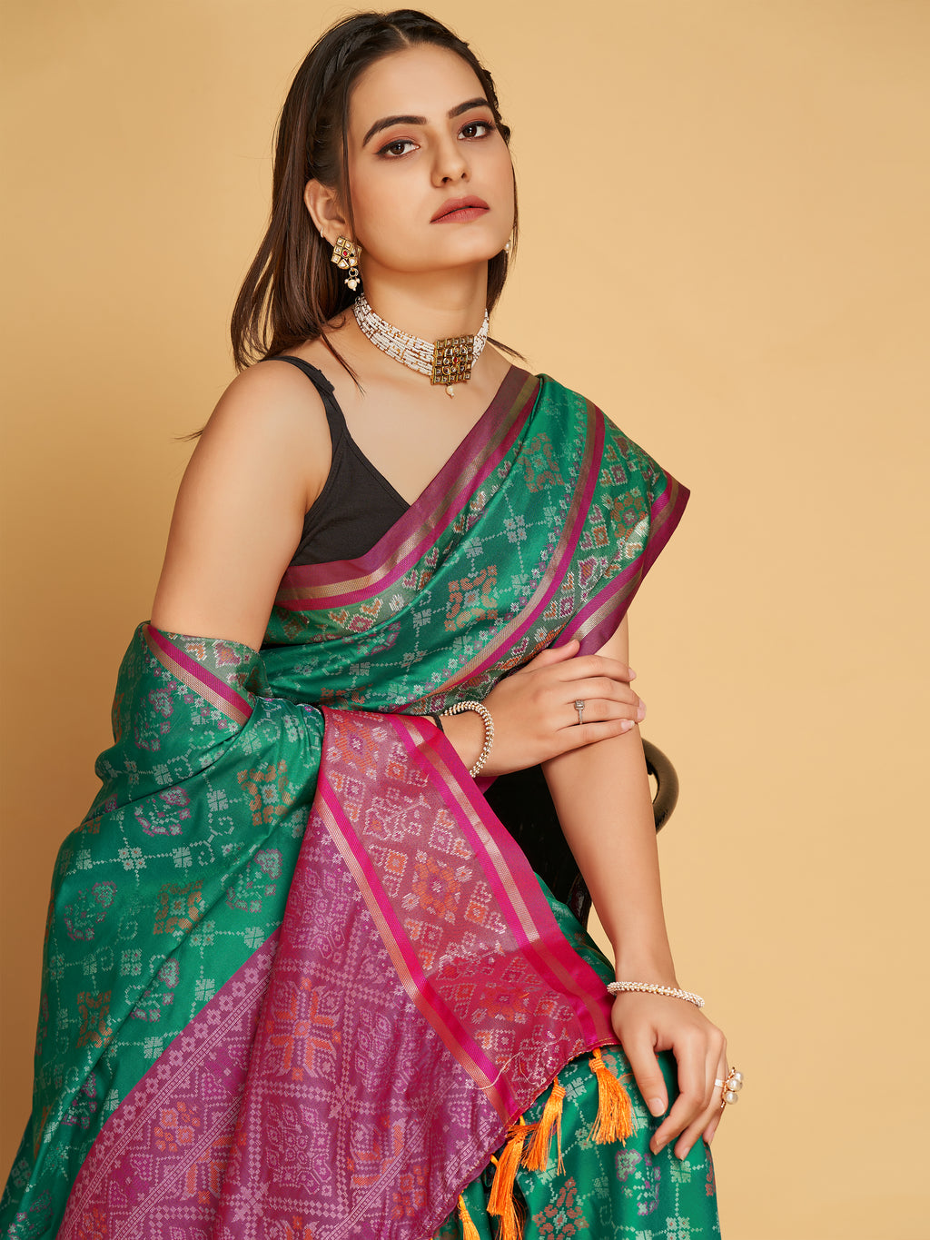 Pure Patola Silk Banarasi Saree | Contrast Meenakari Weaving & Rich Pallu with Tassels
