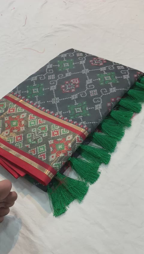 Pure Patola Silk Banarasi Saree | Contrast Meenakari Weaving & Rich Pallu with Tassels