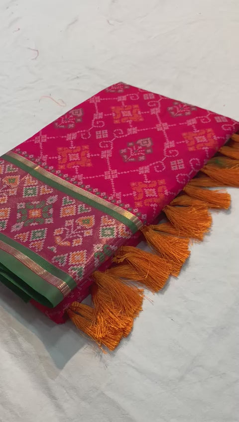 Pure Patola Silk Banarasi Saree | Contrast Meenakari Weaving & Rich Pallu with Tassels