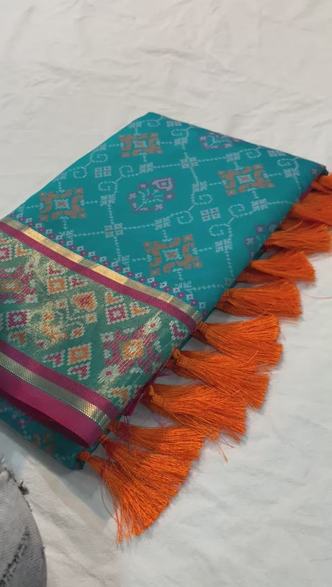Pure Patola Silk Banarasi Saree | Contrast Meenakari Weaving & Rich Pallu with Tassels