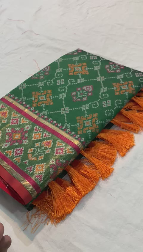 Pure Patola Silk Banarasi Saree | Contrast Meenakari Weaving & Rich Pallu with Tassels